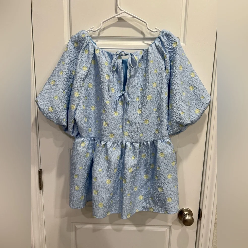 Anthropologie English Factory Jacquard Puff-Sleeve Babydoll Blouse Large - Picture 4 of 6